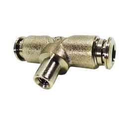 1/4 Misting Tee - HP - Push Lock Rated for 1500PSI Nickel Plated Brass used for our misting system to unit two mist lines with misting in the center. Can be used with Low, Mid, And High-Pressure Systems.