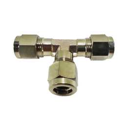 3/8 Compression Tee Rated 1500PSI Nickel Plated Brass used for our misting system to unit two mist lines with misting in the center. Can be used with Low, Mid, And High-Pressure Systems_mistcooling.com